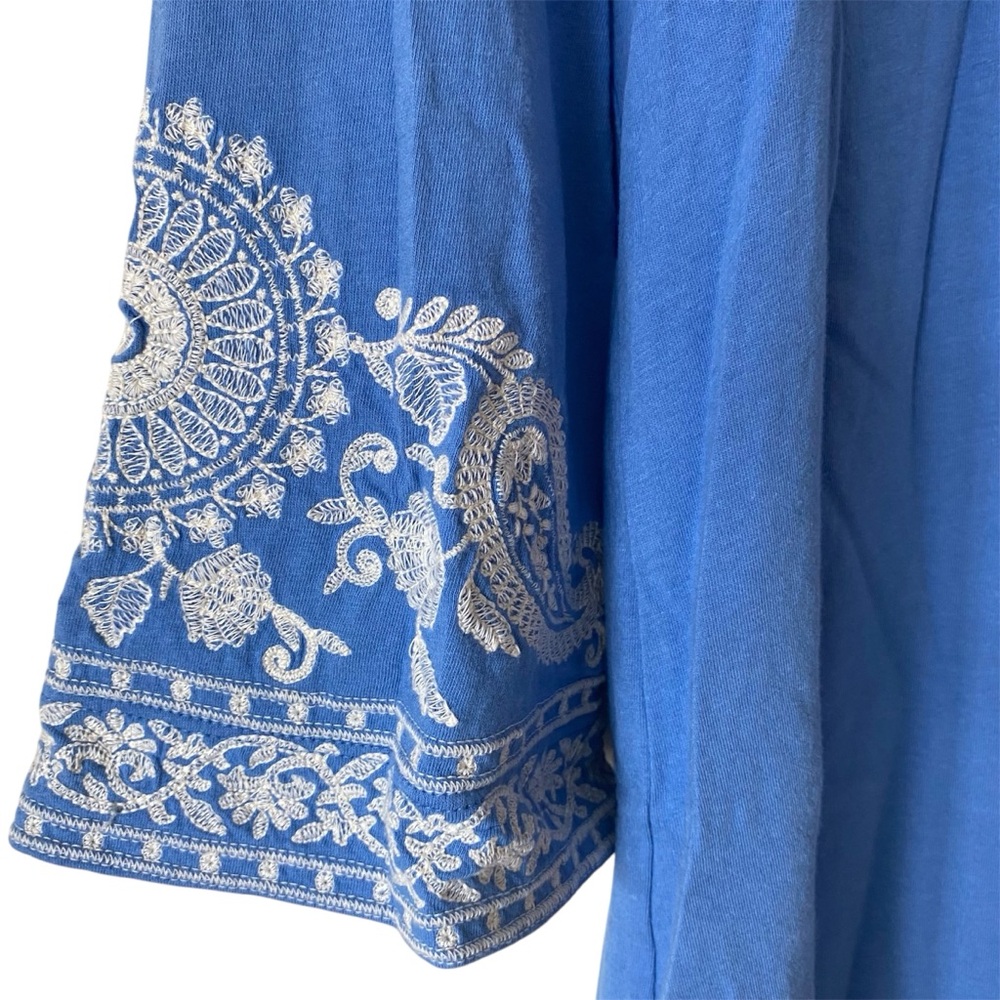 J Jill Blue Paisley Embroidered Cotton Boho Blouse Size M Tall Coastal Cowgirl - Picture 3 of 9